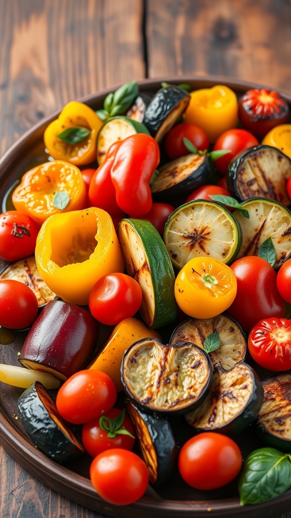 Oven-Grilled Vegetable Medley A colorful assortment of oven-grilled vegetables including bell peppers, zucchini, eggplant, and cherry tomatoes, garnished with herbs.